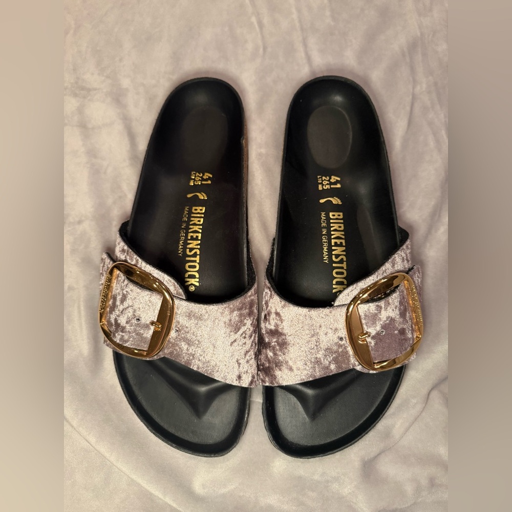 Birkenstock New w/o Box Madrid Big Buckle Rivet Logo Taupe Grey Velvet Exquisite - Picture 2 of 10